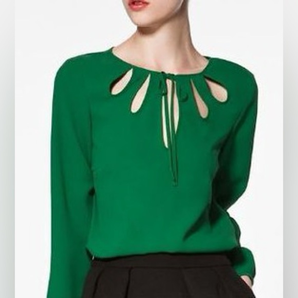 Zara Long Sleeve Blouse Tear Drop Bow Tie Neckline in Green Old Money Office